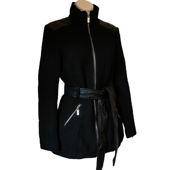 GUESS Wool Blend//Leather Zip Coat, X-Small - Picture 2 of 9